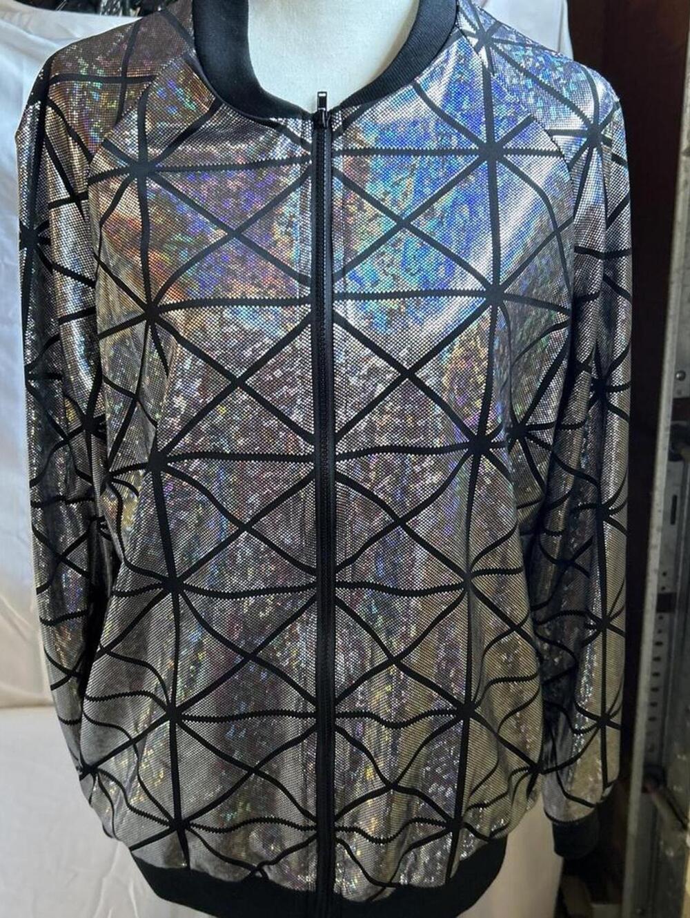 Women's Revolution "Ain't My Fault" Holographic Geometric Bomber Jacket - Size M